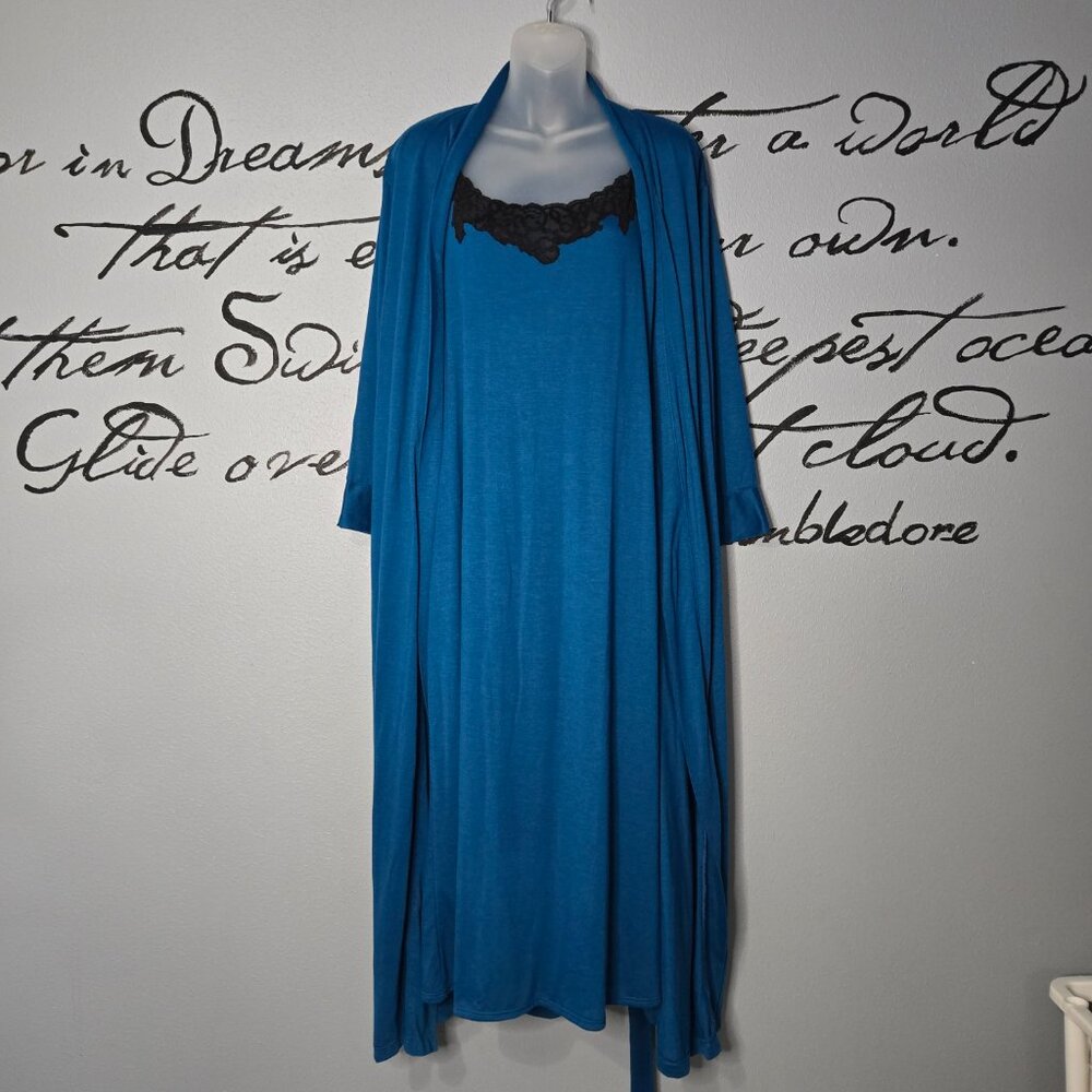 Natori Slinky Long Nightgown With Lace and Robe Set, Peignoir Set, Deep Teal M/L